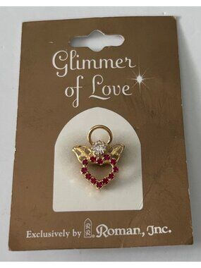 Glimmer Of Love Gold Tone Heart Pin Brooch Red Stones & Clear Crystal By Roman I
